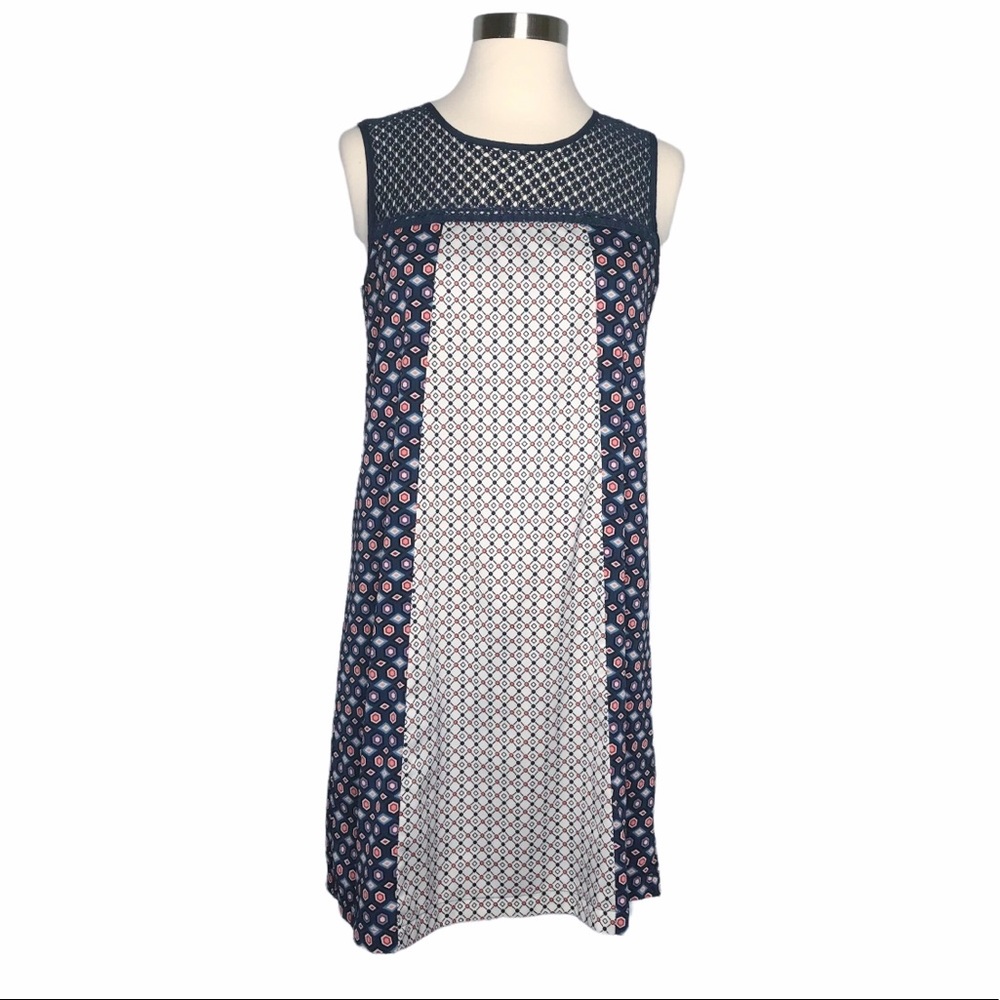 VTG Y2K Xhilaration Mini Dress Crochet Trim Size M Shift Mod Geometric Summer